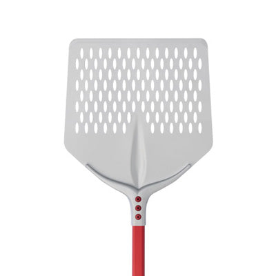 752F33A - Square perforated pizza peel shovel, 13" x 13", red handle 59", Made in Italy