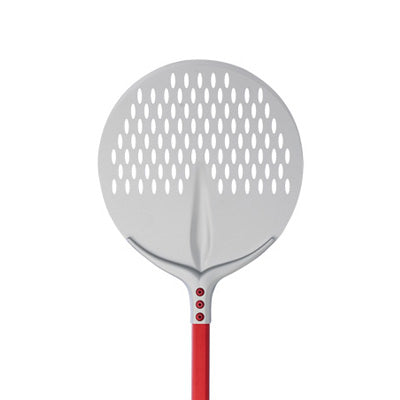 750F33 - Round perforated pizza peel shovel, made of anodized aluminium, diam.13", 59"   red handle, Made in Italy