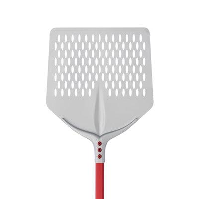 752F36A - Square perforated pizza peel shovel, 14.17" x 14.17", red handle 59", Made in Italy